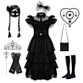 Miniatyrbillede 1 af 3: Onsdag Addams-kjole Cosplay-kostume Børn Piger Fest Sorte Kjoler Onsdagshalskæde Maske paryk (gratis forsendelse) - Perfet 150cm