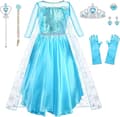 Elsa prinsessekostume til piger, 9-delt sæt inklusive krone, hovedbeklædning, handsker og tryllestav, velegnet til jul, kostumefester, karnevaler Halloween 150cm