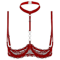 Miniatyrbild 1 av 5: Dam 1/4-kupa bygel-bh halterneck O-ring transparent spets push-up bh underkläder öppen byst bh underkläder-Perfet Red A M