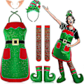 Miniatyrbild 1 av 3: Jultomtenissdräkt Unisex Vuxen Förklädesset Julfestival Randig Tomtenissehjälpare Rollspel Set - Perfekt A