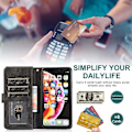 Miniatyrbillede 3 af 5: Kompatibel med iPhone Xr Cover, 8 Kort Slots Retro Læder Wallet Stødsikkert Flip Kickstand Cover med Lynlåslomme-Perfet Black