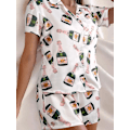 Miniatyrbild 1 av 5: Pyjamas Set med Champagneflaskor för Kvinnor - Tryckt Kortärmad 2-delad Mjuk Löst Avslappnad Nattkläder Bekväma Hemkläder - Perfekt XL