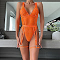 Miniatyrbillede 5 af 5: Dames strømpebukser åben skridt undertøj kvinders teddy natkjole dyb V babydoll bælte perfekt Orange Color XL
