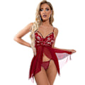 Pikkukuva 1 / 2: Naisten seksikäs läpinäkyvä pitsinen babydoll-alusvaatesetti, yöpaita, stringit, alusvaatteet - Perfekt Wine Red M