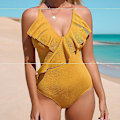 Miniatyrbillede 3 af 5: Kvinder One Piece Badedragt Flæse Wrap Textured Beach Badetøj Badedragter Yellow S