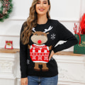 Miniatyrbilde 1 av 2: Mub - Høst/vinter Kvinners strikkede klær Tegneserie Jacquard Løs Rund hals Genser Julgenser Black cartoon reindeer 03 L