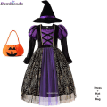 Miniatyrbild 1 av 5: Halloween Children Girls Witch Party Dress Gothic Ghost Costume Kids Gown Robe Tutu Dress Witch Hat For Purim Carnival Party -a c4 5-6T(120)