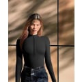Miniatyrbilde 2 av 3: Mub- 2024 Langarma Sexy Ribbad Dragkedja Fram Lång Arm Topp I Ett Stycke Body black S
