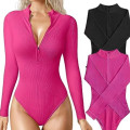 Miniatyrbilde 3 av 3: Mub- 2024 Langarma Sexy Ribbad Dragkedja Fram Lång Arm Topp I Ett Stycke Body brown XL