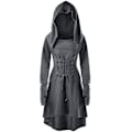 Miniatyrbillede 1 af 4: Retro Dame Solid Renæssance Middelalderlig Kostume Gotisk Langærmet Snøre Hætte Kjole -a Grey M