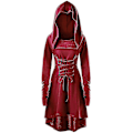 Miniatyrbillede 1 af 2: Retro Dame Solid Renæssance Middelalderlig Kostume Gotisk Langærmet Snørebånd Hætte Kjole -a Wine Red M
