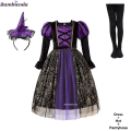 Miniatyrbild 1 av 5: Halloween Children Girls Witch Party Dress Gothic Ghost Costume Kids Gown Robe Tutu Dress Witch Hat For Purim Carnival Party -a c12 9-10T(140)
