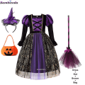 Miniatyrbild 1 av 5: Halloween Children Girls Witch Party Dress Gothic Ghost Costume Kids Gown Robe Tutu Dress Witch Hat For Purim Carnival Party -a c8 5-6T(120)