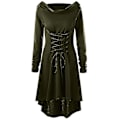 Miniatyrbillede 2 af 5: Retro Kvinde Solid Renæssance Middelalderlig Kostume Gotisk Langærmet Snøre Hætte Kjole -a Army Green XL