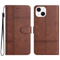 Miniatyrbillede 1 af 5: Læder Wallet Case til iPhone 15, Linje Præget Ko Læder Tekstur Stand Telefon Cover Coffee