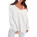 Pikkukuva 1 / 5: Naisten pitkähihainen paita V-kaula-aukko Olkapäät paljaana Ylisuuri neulepusero Löysä High Low Syksy Tunika Topit White Medium