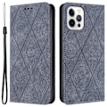 Miniatyrbillede 1 af 5: Wallet Case til iPhone 15 Pro Max PU Læder Retro Blomsterpræget Stand Telefon Cover Grey