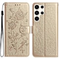 Pikkukuva 1 / 5: Samsung Galaxy S24 Ultra lompakkokotelo ruusukuviolla, nahkainen kääntöjalustalla varustettu puhelinkotelo Multicolor Gold