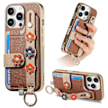 Pikkukuva 1 / 5: W2 iPhone 16 Pro -kotelo korttipidikkeellä, nahkainen takakansi, 3D-kukka rannekoru - Vihreä Multicolor Brown