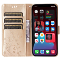 Miniatyrbild 2 av 5: För Iphone 15 Plus Pu Läder Cover Phone case Imprinted Butterflies Shell Stand with rem Gold