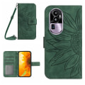 Miniatyrbillede 1 af 5: Ht04 PU Læder Telefon Cover Til Oppo Reno10 Pro+ 5g Solsikke Præget Pung Stand Cover Med Skulderrem Dark Green