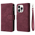 Miniatyrbillede 1 af 5: Lynlåspung PU læder stativ faldbestandigt cover til iPhone 15 Pro mobiltelefonetui Multicolor Wine Red