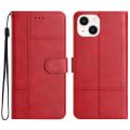 Miniatyrbillede 1 af 5: Læder Wallet Case til iPhone 15, Linje Præget Ko Læder Tekstur Stand Telefon Cover Red