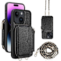 Miniatyrbild 1 av 5: För iPhone 15 Plus Ställ Zipper Plånbok Baksida PU Läder+TPU Mobilskal med Kedjerem Multicolor Style C