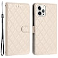 Miniatyrbillede 1 af 5: Stødsikkert Rhombus Syning Læder Etui med Pung og Støttefod til iPhone 15 Pro White