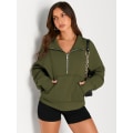 Miniatyrbild 1 av 3: Damtröjor Halv dragkedja Cropped Pullover Fleece Quarter Zipper Huvtröjor Höstkläder Kläder Tumhål Armygreen X-Large