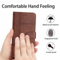 Miniatyrbillede 5 af 5: Læder Wallet Case til iPhone 15, Linje Præget Ko Læder Tekstur Stand Telefon Cover Coffee