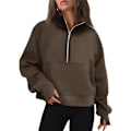 Miniatyrbild 1 av 5: Damtröjor Halv dragkedja Cropped Pullover Fleece Quarter Zipper Huvtröjor Höstkläder Kläder Tumhål Coffee X-Small