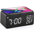 Miniatyrbillede 1 af 5: Digitalt Vækkeur i Træ med Trådløs Opladning, 3 Alarmer, LED-Display, Lydkontrol og Snooze, Kompatibelt med Soveværelse og Kontor