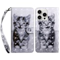 Miniatyrbillede 1 af 5: Til iPhone 16 Pro Etui Stativ Mønsterprint Læder Telefon Cover - Stående Multicolor Cat