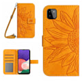Miniatyrbillede 1 af 5: Til Samsung Galaxy A22 5g (EU Version) Ht04 Præget Solsikke Pu Læder Smartphone Cover Stativ Stødsikker Hud-venlig Telefon Wallet Etui Med Skulderrem Yellow