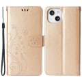 Miniatyrbild 1 av 5: För Iphone 15 Plus Pu Läder Cover Phone case Imprinted Butterflies Shell Stand with rem Gold