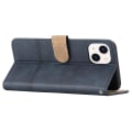 Miniatyrbillede 4 af 5: Læder Wallet Case til iPhone 15, Linje Præget Ko Læder Tekstur Stand Telefon Cover Blue