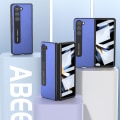 Miniatyrbilde 3 av 5: For Samsung Galaxy Z Fold5 5g Teksturert PU-lærbelagt PC-deksel Stativ Sammenleggbart Telefondeksel Dark Blue