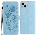 Miniatyrbillede 1 af 5: For iPhone 14 Wallet Case Rose Mønster Præget Læder Flip Stand Telefon Cover Multicolor Sky Blue