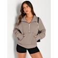 Miniatyrbild 2 av 2: Damtröjor Halv dragkedja Cropped Pullover Fleece Quarter Zipper Huvtröjor Höstkläder Kläder Tumhål Coffeegrey Small