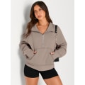 Miniatyrbild 2 av 2: Damtröjor Halv dragkedja Cropped Pullover Fleece Quarter Zipper Huvtröjor Höstkläder Kläder Tumhål Coffeegrey X-Small