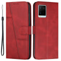 Miniatyrbilde 1 av 5: For Vivo Y33s / Y21s / Y21 Sammenleggbart Stativ Sydd Pu-Lærveske Stativ Magnetisk Lukking Støtsikker Flip Folio Bokdeksel Med Stropp Red