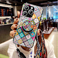 Pikkukuva 4 / 5: iPhone 16 Pro Max -kotelo, jalusta, etninen kuvio, karkaistu lasinen puhelinkuori hihnalla Multicolor Checkered Pattern