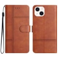 Miniatyrbillede 1 af 5: Læder Wallet Case til iPhone 15, Linje Præget Ko Læder Tekstur Stand Telefon Cover Brown