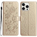 Miniatyrbillede 1 af 5: For iPhone 16 Pro Max Wallet Case Rose Mønster Præget Læder Flip Stand Telefon Cover Multicolor Gold