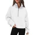 Miniatyrbillede 1 af 2: Dame Sweatshirts Halv Lynlås Cropped Pullover Fleece Kvart Lynlås Hættetrøjer Efterårsoutfits Tøj Tommelfingerhul White Medium