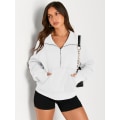 Miniatyrbild 2 av 2: Damtröjor Halv dragkedja Cropped Pullover Fleece Quarter Zipper Huvtröjor Höstkläder Kläder Tumhål White Large