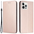 Miniatyrbillede 1 af 5: Til iPhone 15 Pro Max Kulfibertekstur PU Læder+TPU Wallet Case Foldbart Stativ Telefon Cover Multicolor Style C