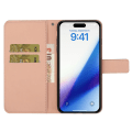 Miniatyrbillede 2 af 5: Læder Wallet Case til iPhone 15 Pro, Præget Blomster Folio Flip Stand Telefon Cover Pink