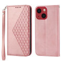 Miniatyrbilde 1 av 5: For iPhone 14 Anti-ripe Kalvetekstur Magnetisk Lommebok PU Lær Etui Innprentet Rombe Mønster Stativdeksel Med Stropp Rose Gold
